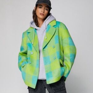 Nasty Gal Green and Blue Checkered Pea Coat